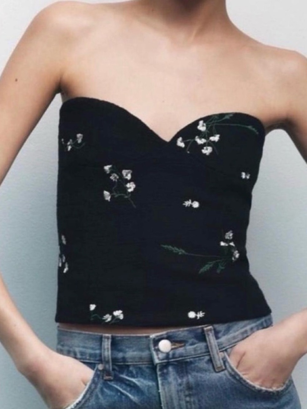 Zara Black Strapless Floral Embroidered Bustier Top